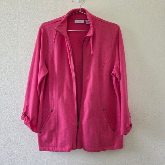 Chicos Weekends Zip Front Jacket Pink Womens Size L Cotton Slub Funnel Neck - Picture 5 of 11